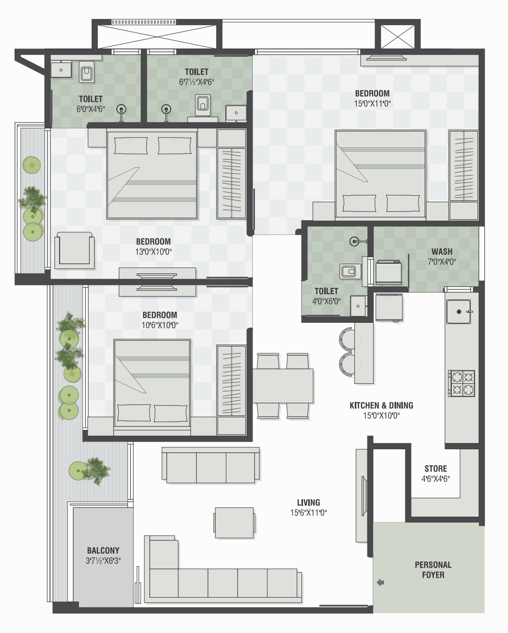 Floor plan of the 3 BHK unit showing three bedrooms, three toilets, living, kitchen and dining, wash yard, store, balcony and personal foyer