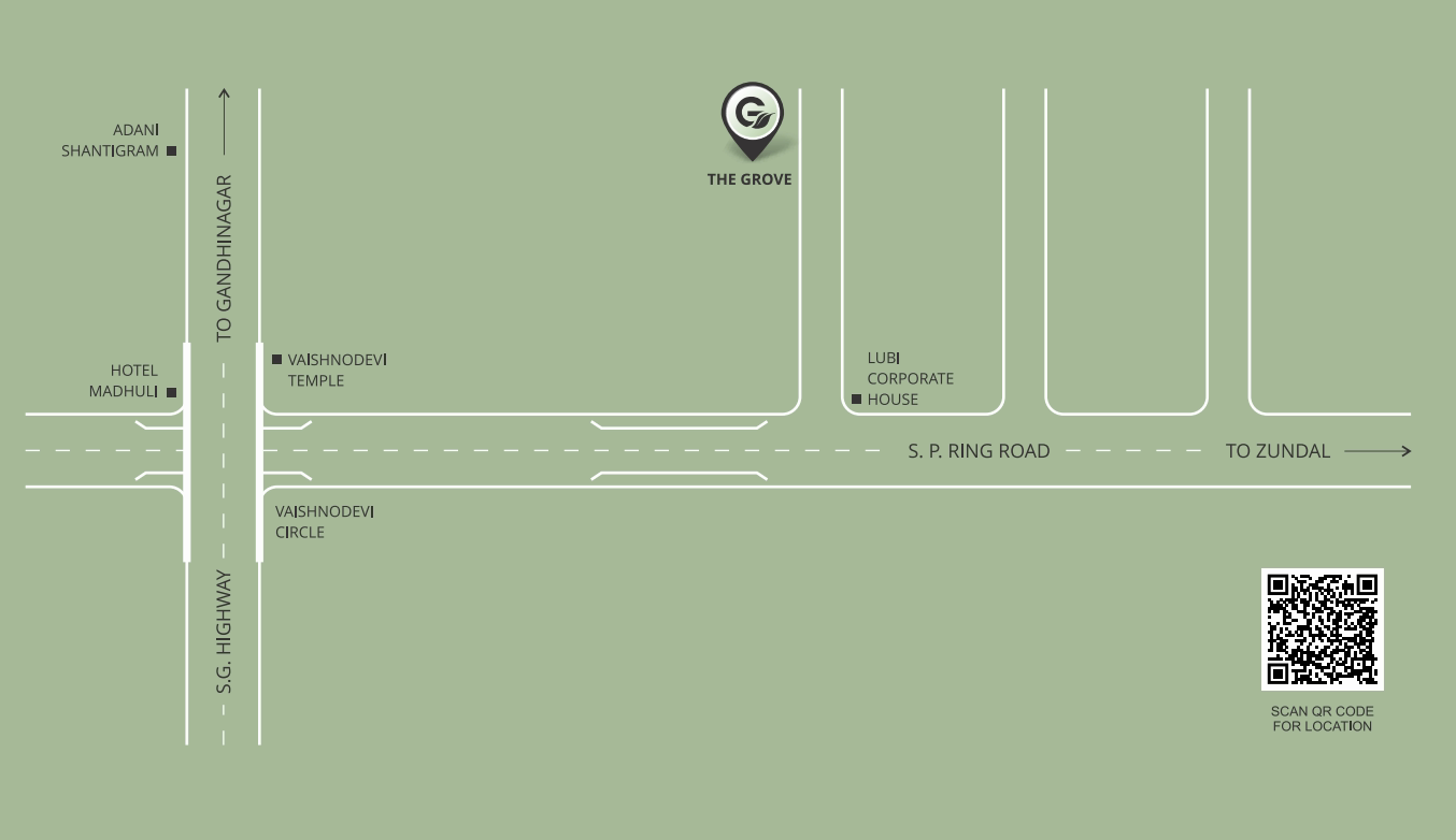 Location map showing The Grove north of S. P. Ring Road, with S. G. Highway, Vaishnodevi Circle and Temple, Lubi Corporate House, Adani Shantigram and Hotel Madhuli